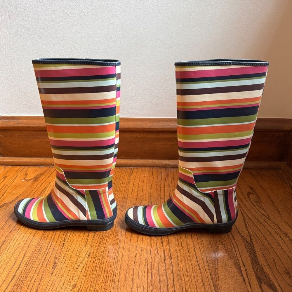 COACH Womens Pammie Rain Boots Size 6B Colorful Stripes Rubber Mid Calf Slip On - Picture 3 of 10